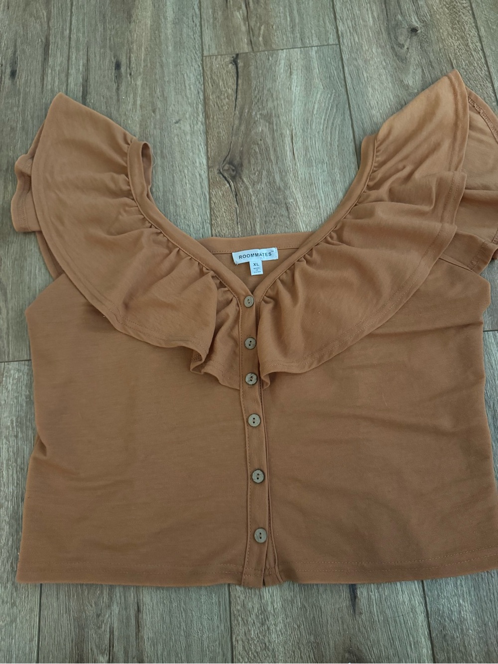 Roommates Rust Ruffle-Front Button Crop Top